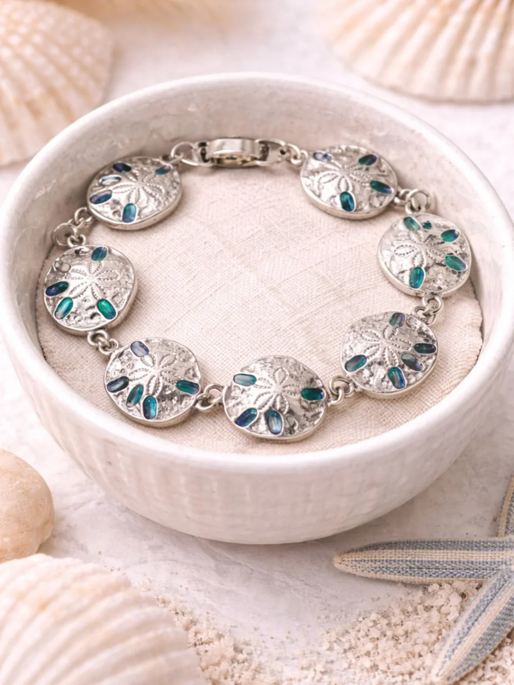 Silver Sand Dollar Bracelet Coastal Beach with Blue Teal Accent Stones - Picture 6 of 6